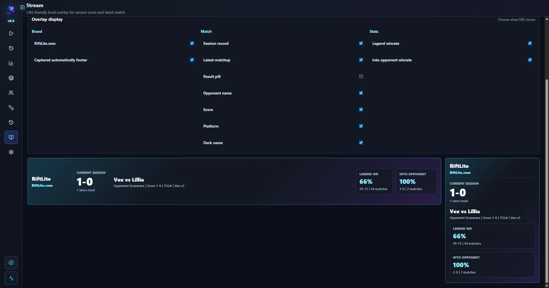 RiftLite stream overlay configuration with live matchup preview
