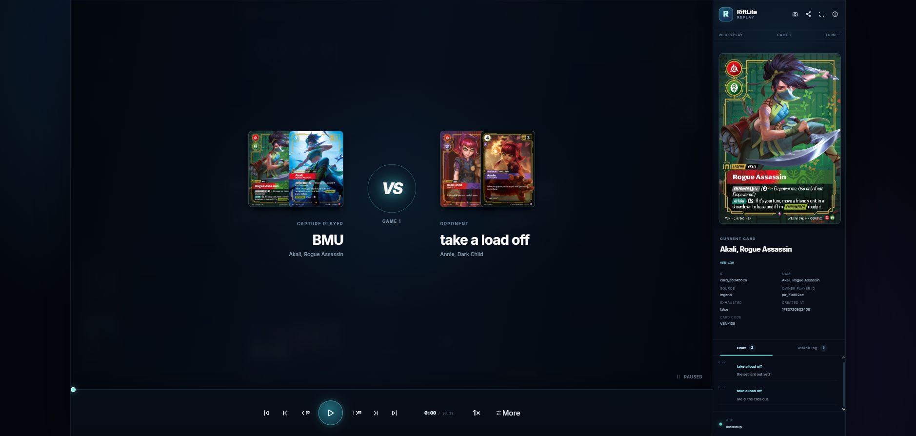 RiftLite Web Replay showing an animated Akali versus Annie best-of-three matchup